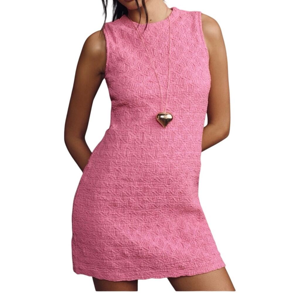 PORRIDGE Anthropologie Textured Slim Knit Mini Dress Pink - Sz Small - NWT
